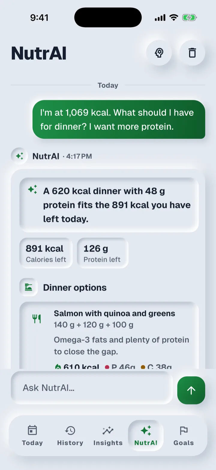 NutrAI answering with two dinner options that fit the calories left